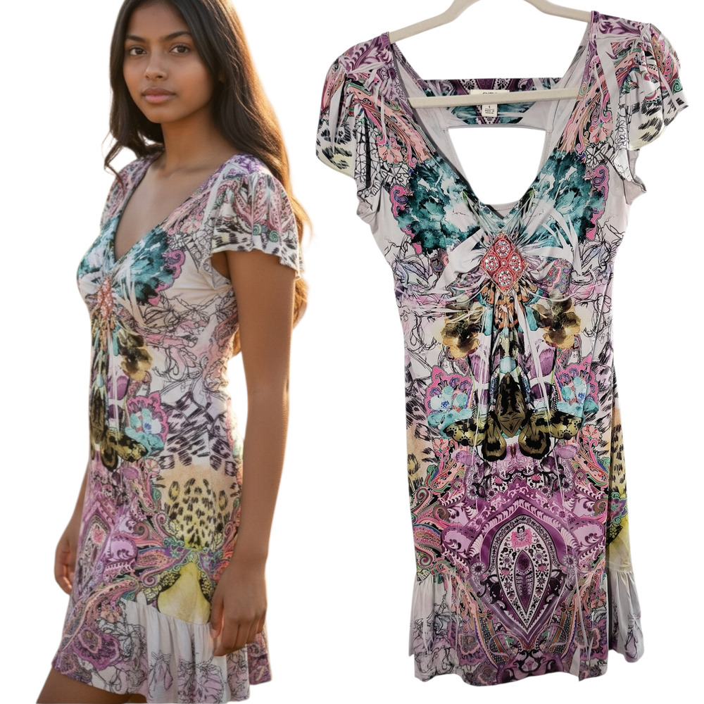 Cato Whimsical Boho Fairy Y2K Dress Women's Sz S Multicolor Beaded Stretch Knit